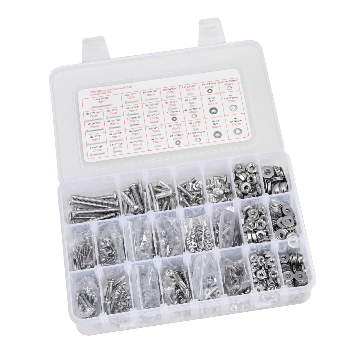 1110 Pcs Bolts and Nuts Assortment Kit, Imperial Machine Screws and Flat Washers, Stainless Steel 10-24,8-32,2-56,6-32,4-40, for Furniture /Equipment/Vehicle Assembly, Silver