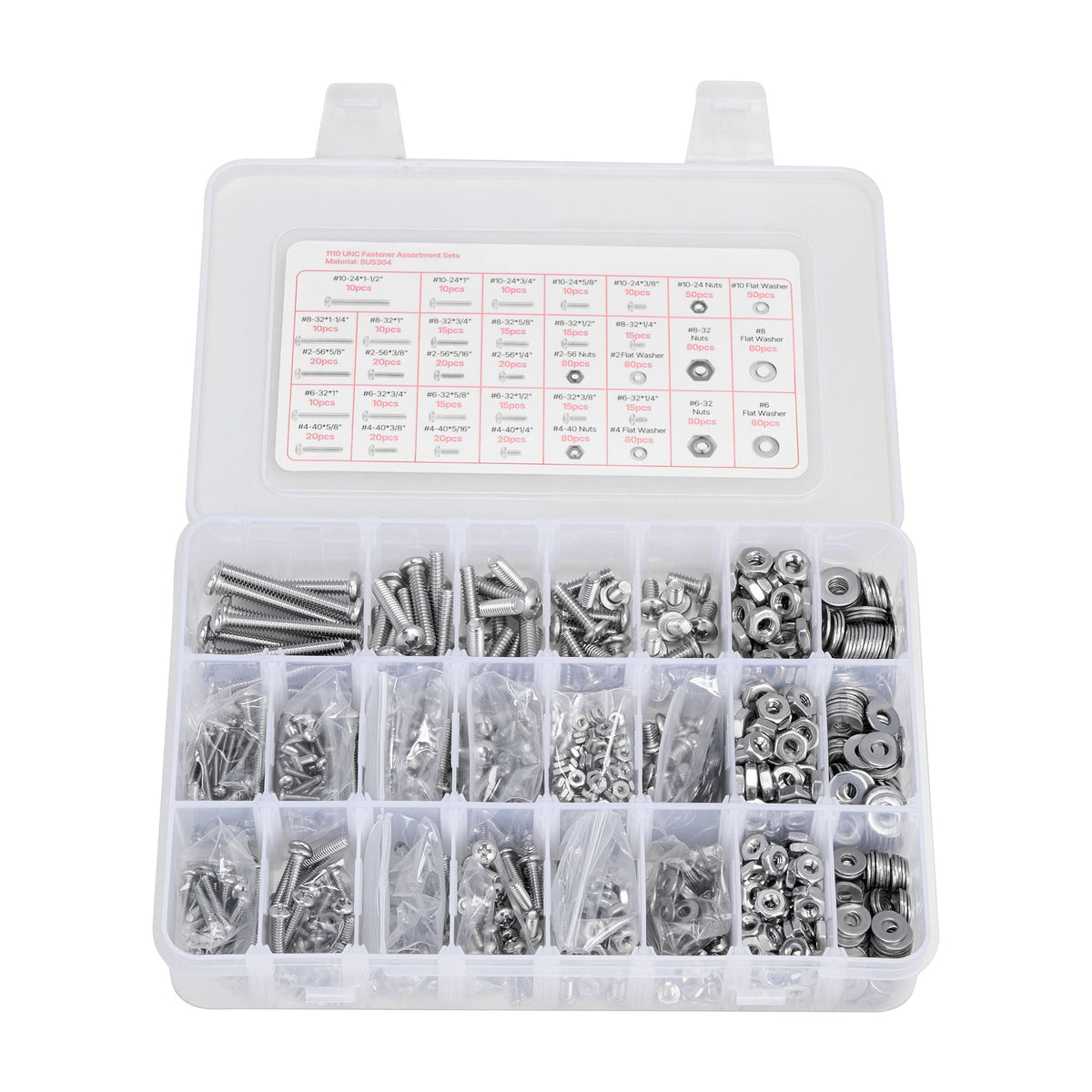 1110 Pcs Bolts and Nuts Assortment Kit, Imperial Machine Screws and Flat Washers, Stainless Steel 10-24,8-32,2-56,6-32,4-40, for Furniture /Equipment/Vehicle Assembly, Silver