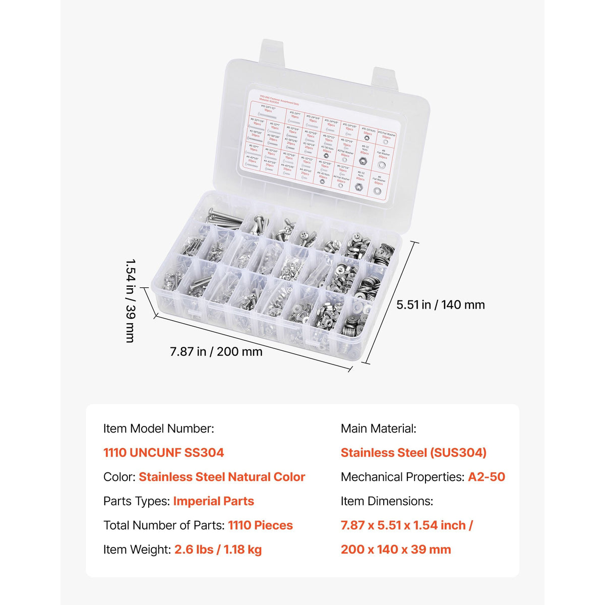1110 Pcs Bolts and Nuts Assortment Kit, Imperial Machine Screws and Flat Washers, Stainless Steel 10-24,8-32,2-56,6-32,4-40, for Furniture /Equipment/Vehicle Assembly, Silver