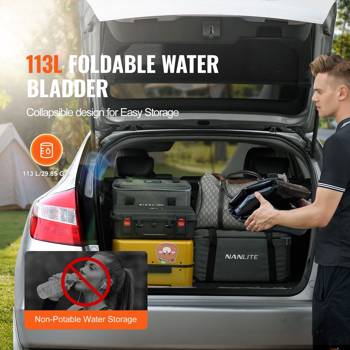 113 L/29.85 Gal Water Storage Bladder, Portable RV Water Tank, 1000D PVC Collapsible Water Storage Containers, Soft Water Bag, Water Bladder, Fire Prevention, Camping, Emergency Water Use, Black