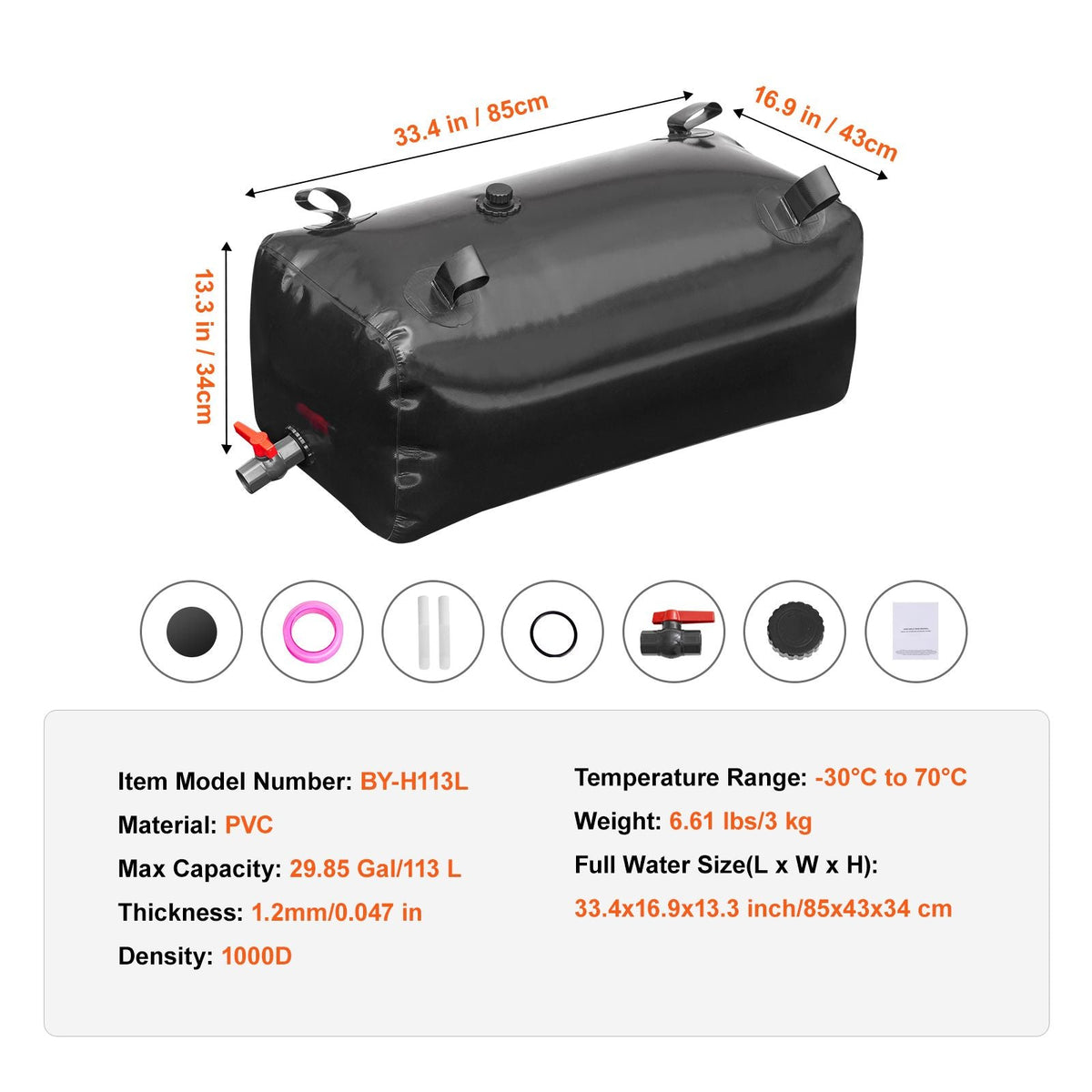 113 L/29.85 Gal Water Storage Bladder, Portable RV Water Tank, 1000D PVC Collapsible Water Storage Containers, Soft Water Bag, Water Bladder, Fire Prevention, Camping, Emergency Water Use, Black