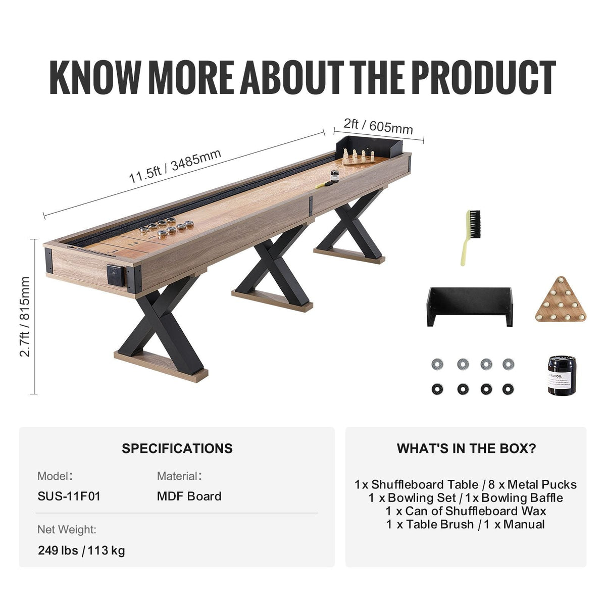 11.5 ft Shuffleboard Table 2 in 1 Shuffleboard and Bowling Combo Game Set