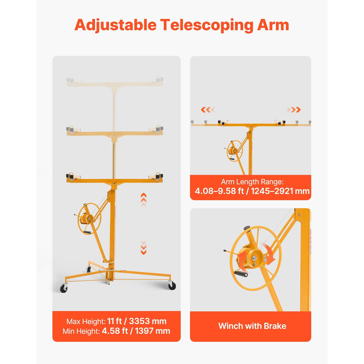 11ft Drywall Lift, Heavy-Duty 150 lbs Sheetrock Hoist with Adjustable Telescoping Arm, Lockable Wheels, Drywall Lifter Panel Jack Hoist Tools Ideal for Ceiling & Wall Installation (Yellow)