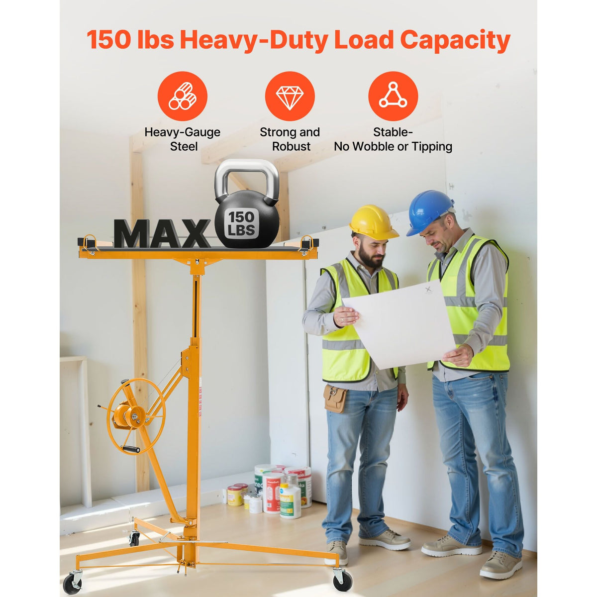 11ft Drywall Lift, Heavy-Duty 150 lbs Sheetrock Hoist with Adjustable Telescoping Arm, Lockable Wheels, Drywall Lifter Panel Jack Hoist Tools Ideal for Ceiling & Wall Installation (Yellow)