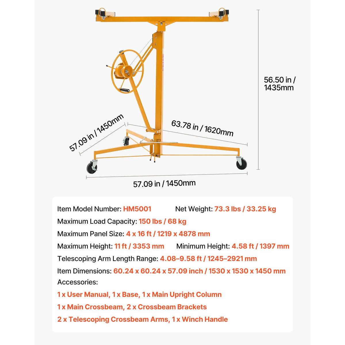 11ft Drywall Lift, Heavy-Duty 150 lbs Sheetrock Hoist with Adjustable Telescoping Arm, Lockable Wheels, Drywall Lifter Panel Jack Hoist Tools Ideal for Ceiling & Wall Installation (Yellow)