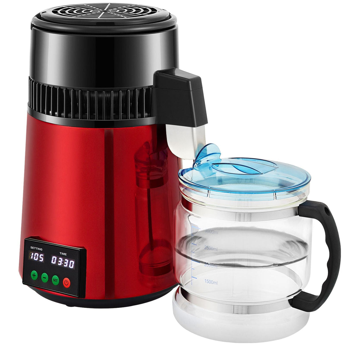 1.1Gal Water Distiller, 0.3Gal/H, 750W Distilled Water Maker Machine 0-99H Timing Setting Temp Display, 304 Stainless Steel Countertop Distiller Glass Carafe Cleaning Powder 3 Carbon Packs, Red