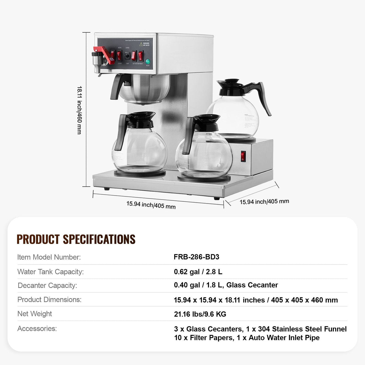 12 Cups Commercial Drip Coffee Maker, Coffee Maker Machine with 3 Glass Carafes and 3 Warmer Plates, Stainless Steel Pour Over Coffee Brewer for Restaurant, Office, Cafe