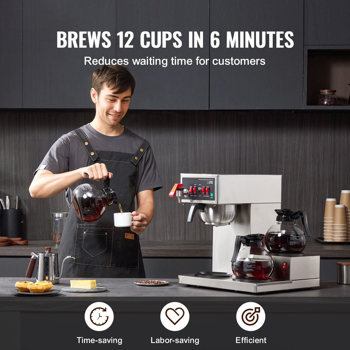 12 Cups Commercial Drip Coffee Maker, Coffee Maker Machine with 3 Glass Carafes and 3 Warmer Plates, Stainless Steel Pour Over Coffee Brewer for Restaurant, Office, Cafe