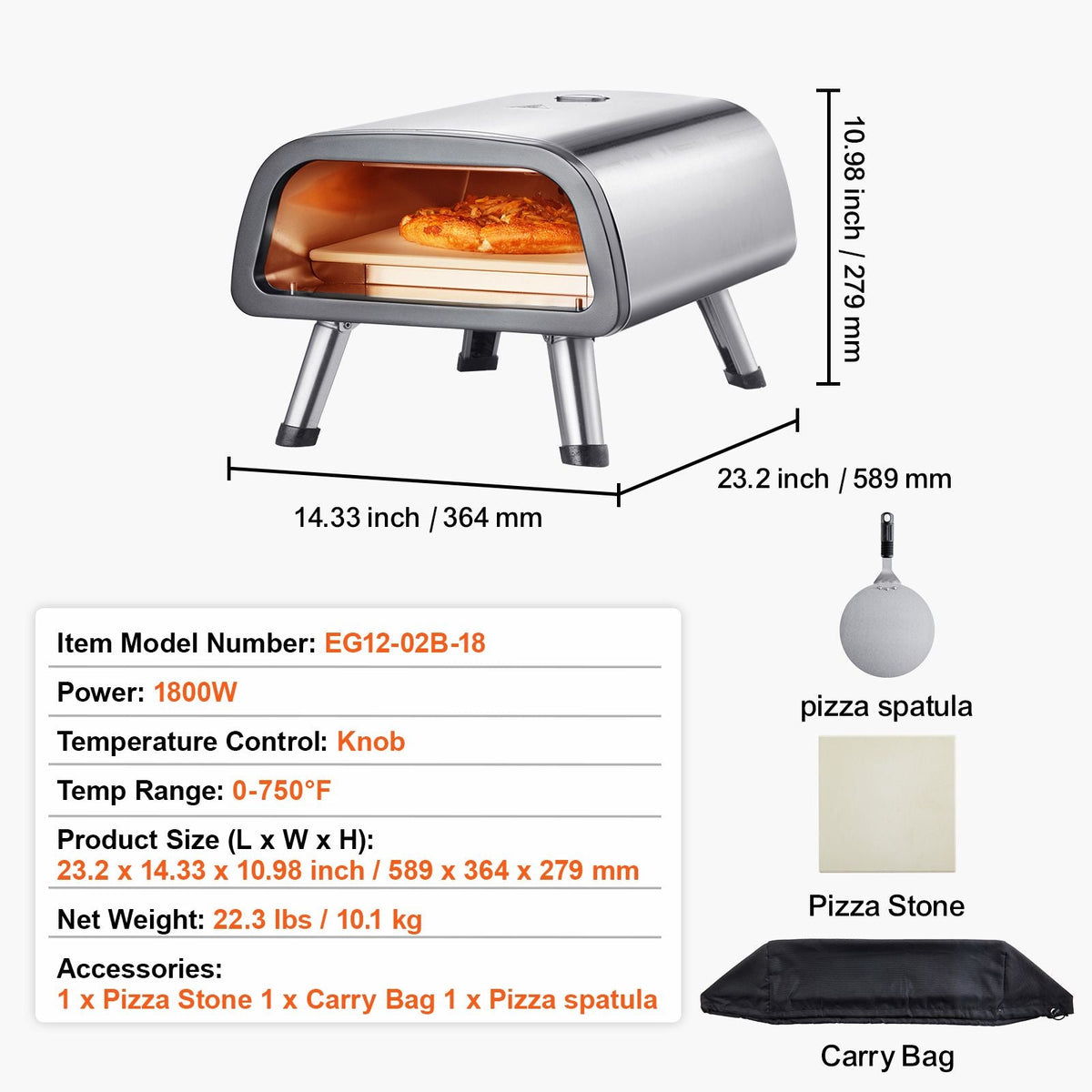 12" Electric Pizza Oven Countertop, Stainless Steel Pizza Maker Machine with Pizza Stone and Spatula, Heats up to 850 Fahrenheit , Multipurpose Indoor & Outdoor Pizza Cooker