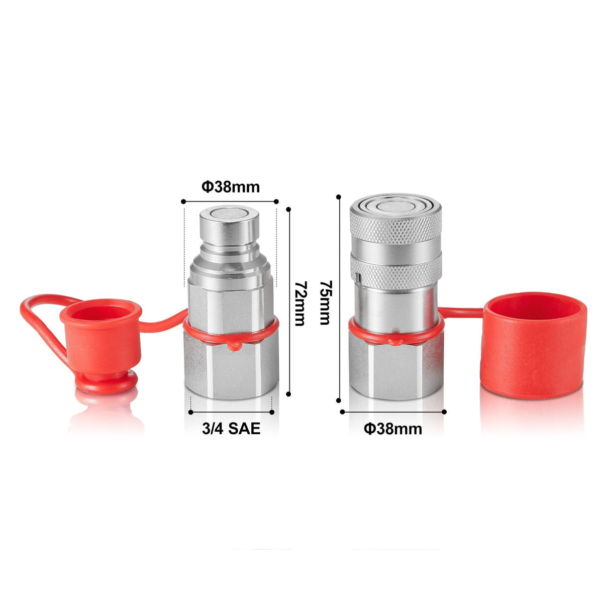 1/2" Flat Face Hydraulic Couplers, 1/2" NPT Skid Steer Hydraulic Quick Connect Couplers with 2 Dust Caps (ISO16028)