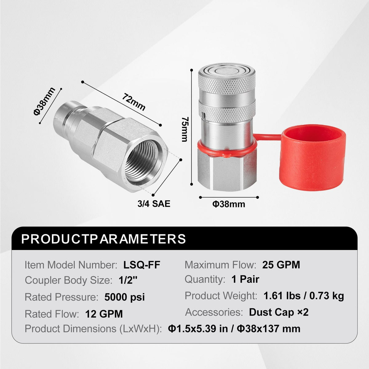 1/2" Flat Face Hydraulic Couplers, 1/2" NPT Skid Steer Hydraulic Quick Connect Couplers with 2 Dust Caps (ISO16028)