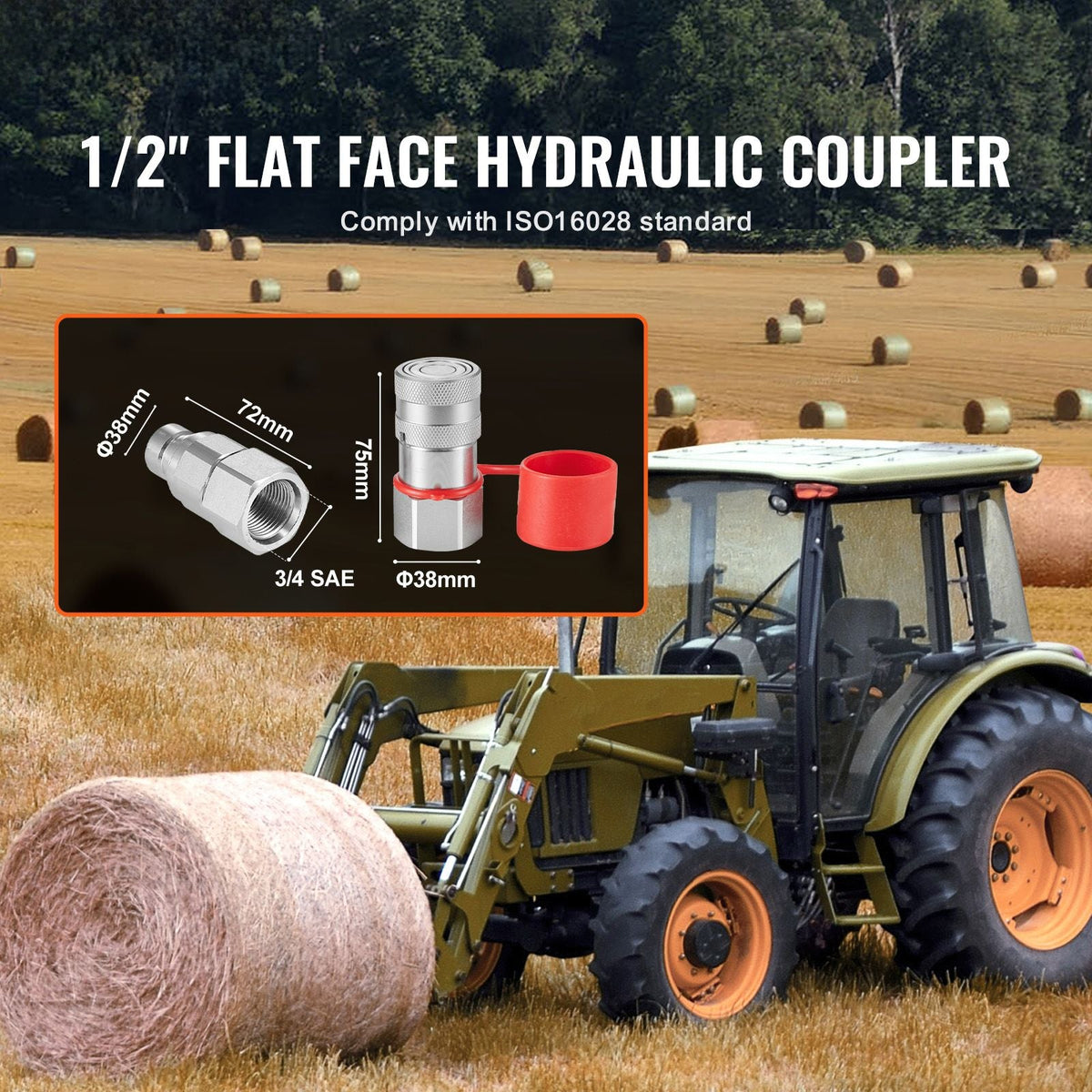 1/2" Flat Face Hydraulic Couplers, 1/2" NPT Skid Steer Hydraulic Quick Connect Couplers with 2 Dust Caps (ISO16028)