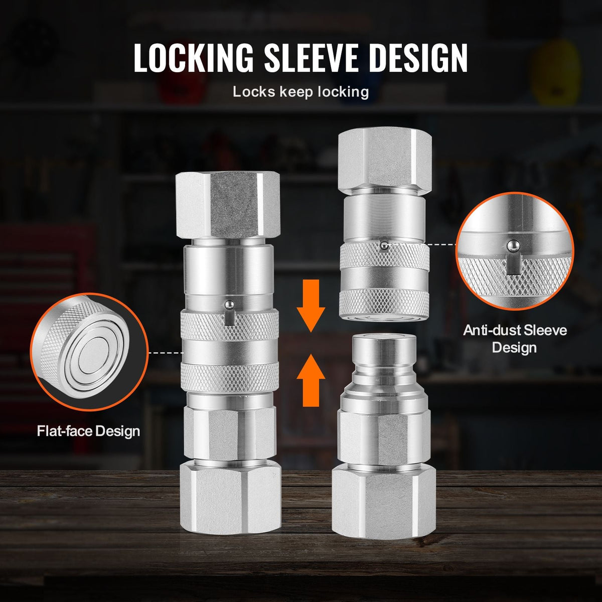1/2" Flat Face Hydraulic Couplers, 1/2" NPT Skid Steer Hydraulic Quick Connect Couplers with 2 Dust Caps (ISO16028)