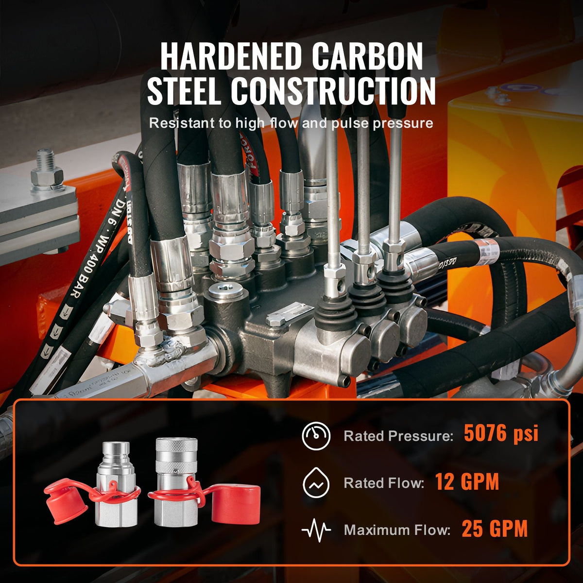 1/2" Flat Face Hydraulic Couplers, 1/2" NPT Skid Steer Hydraulic Quick Connect Couplers with 2 Dust Caps (ISO16028)