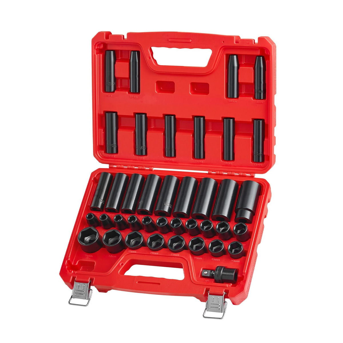 1/2 in Drive Impact Socket Set, 39 Piece, 6 Point Deep & Shallow Impact Sockets, Metric 9 to 30 mm, Cr-V Steel High Durability, with Universal Joint, Dual Size Markings, Heavy Duty Carrying Case