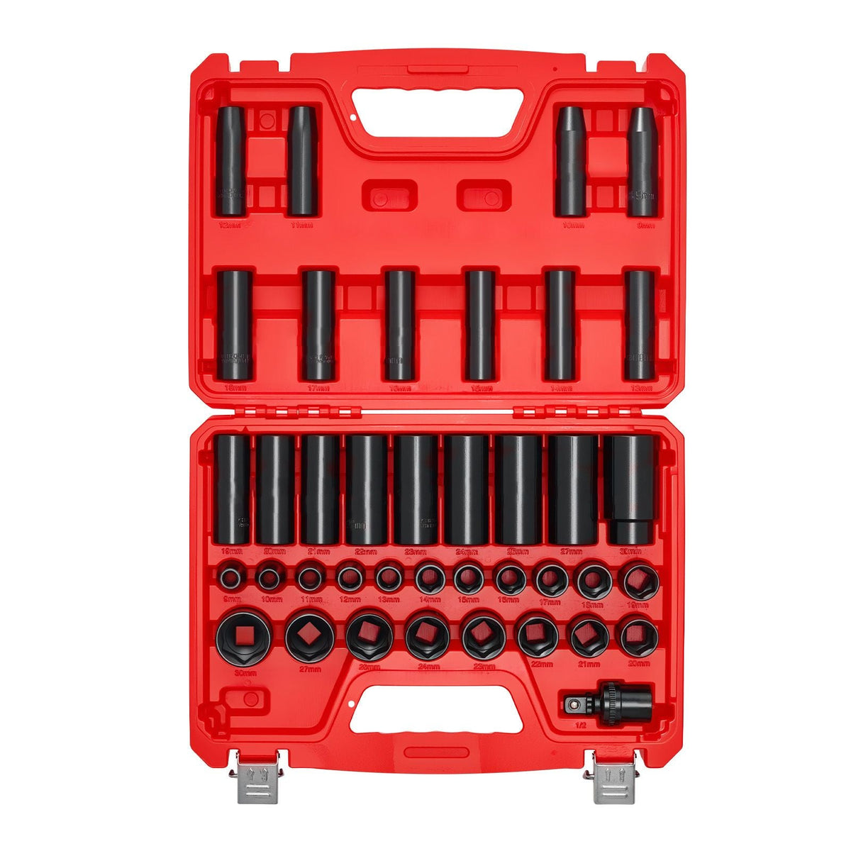1/2 in Drive Impact Socket Set, 39 Piece, 6 Point Deep & Shallow Impact Sockets, Metric 9 to 30 mm, Cr-V Steel High Durability, with Universal Joint, Dual Size Markings, Heavy Duty Carrying Case