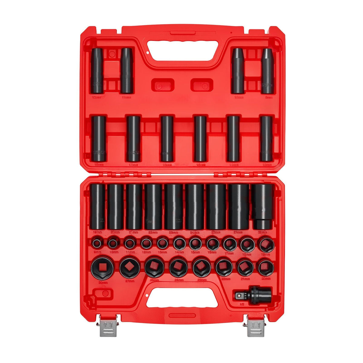 1/2 in Drive Impact Socket Set, 39 Piece, 6 Point Deep & Shallow Impact Sockets, Metric 9 to 30 mm, Cr-V Steel High Durability, with Universal Joint, Dual Size Markings, Heavy Duty Carrying Case