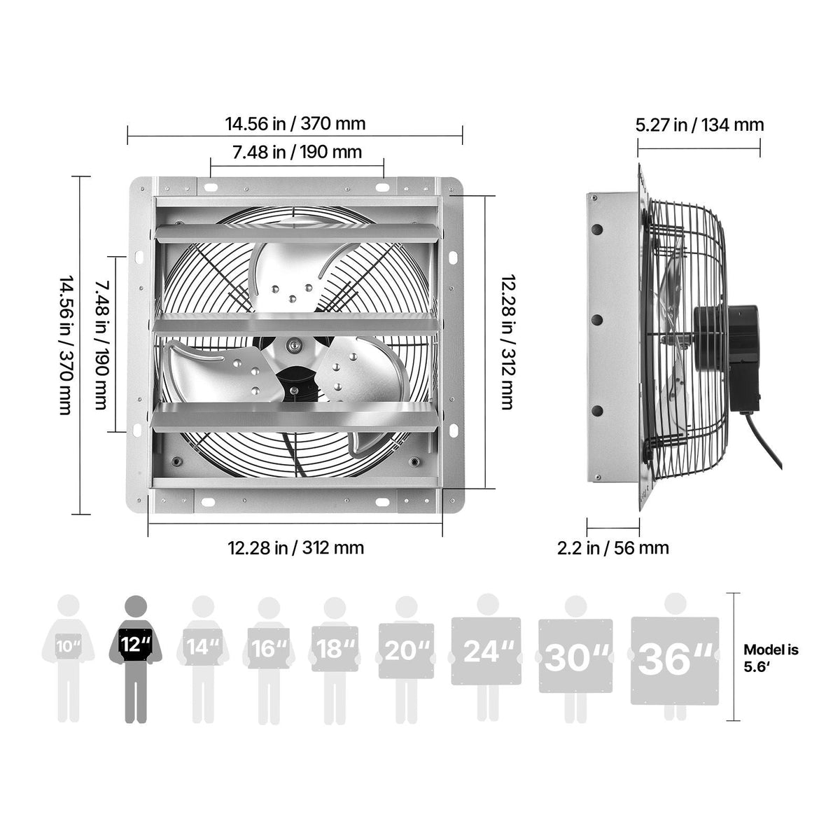 12 Inch Shutter Exhaust Fan Wall Mounted 1347 CFM Automatic Louvers, Sturdy Steel Housing, Low Noise, AC Motor, Ventilation and Cooling for Attic, Garage, Barn, Greenhouse, Workshop, Silver