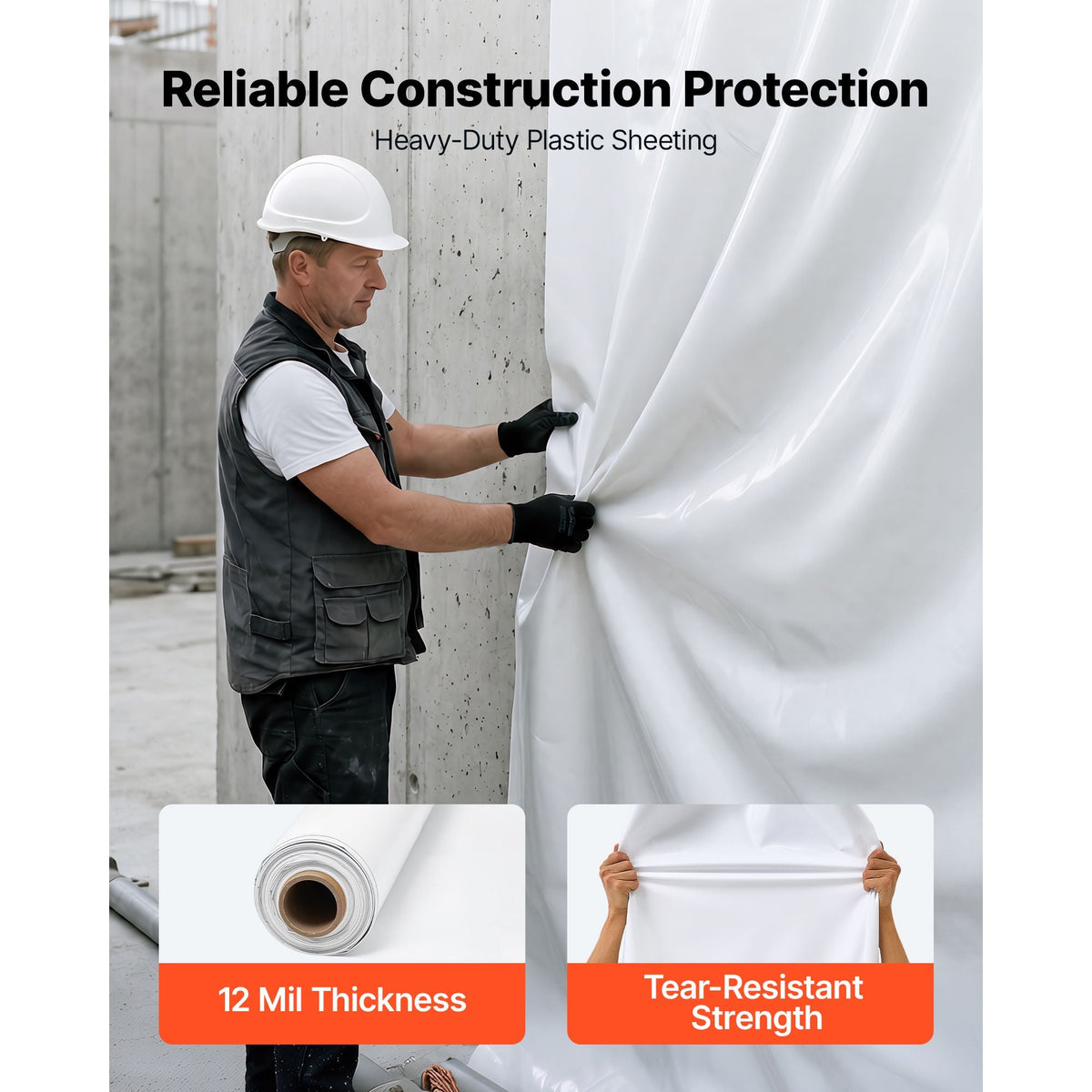 12 Mil Plastic Sheeting 10' x 50' Heavy Duty Thick Polyethylene Roll, Plastic Drop Cloth Painters Tarp, Polyethylene Covering for Crawl Space Vapor Barrier, Weed Control, Garden, Black & White