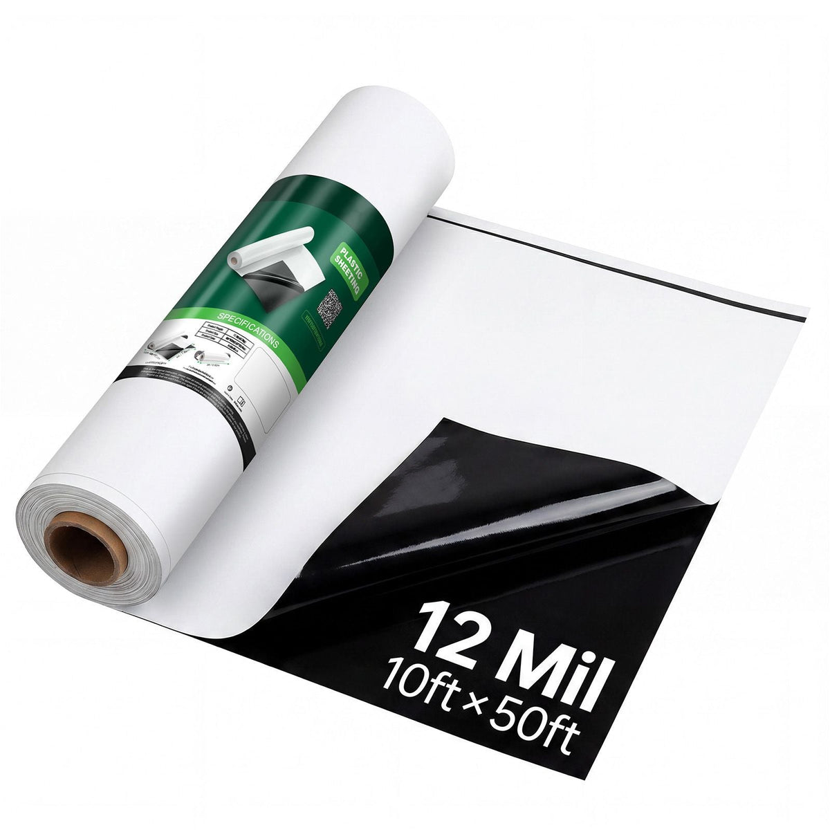 12 Mil Plastic Sheeting 10' x 50' Heavy Duty Thick Polyethylene Roll, Plastic Drop Cloth Painters Tarp, Polyethylene Covering for Crawl Space Vapor Barrier, Weed Control, Garden, Black & White
