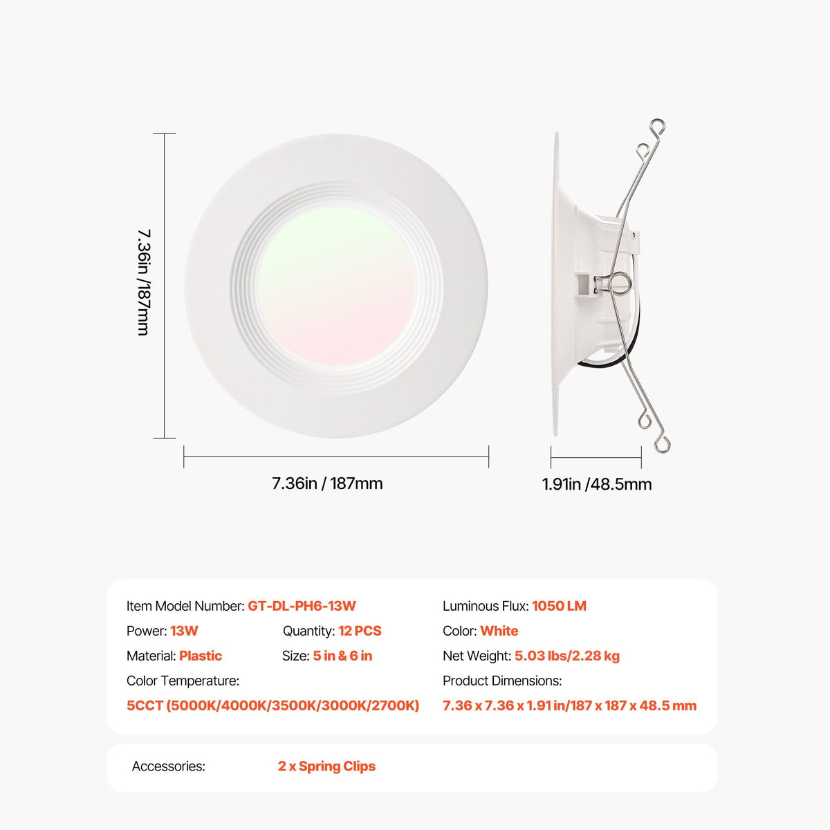 12 Pack LED Recessed Lighting, 5/6 Inch, Retrofit Can Lights, 1050 LM 13W 120V, Selectable 5CCT 2700K/3000K/3500K/4000K/5000K, 10% to 100% Dimmable, Compatible with E26 Base and TP24 Connector