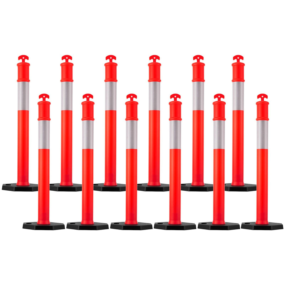 12 Pack Traffic Delineator Posts, 48 inches Traffic Safety Cones with Weighted Base and Reflective Strips, Heavy Duty Delineator Posts for Construction Site, Parking Lot, Crowd Control, Red