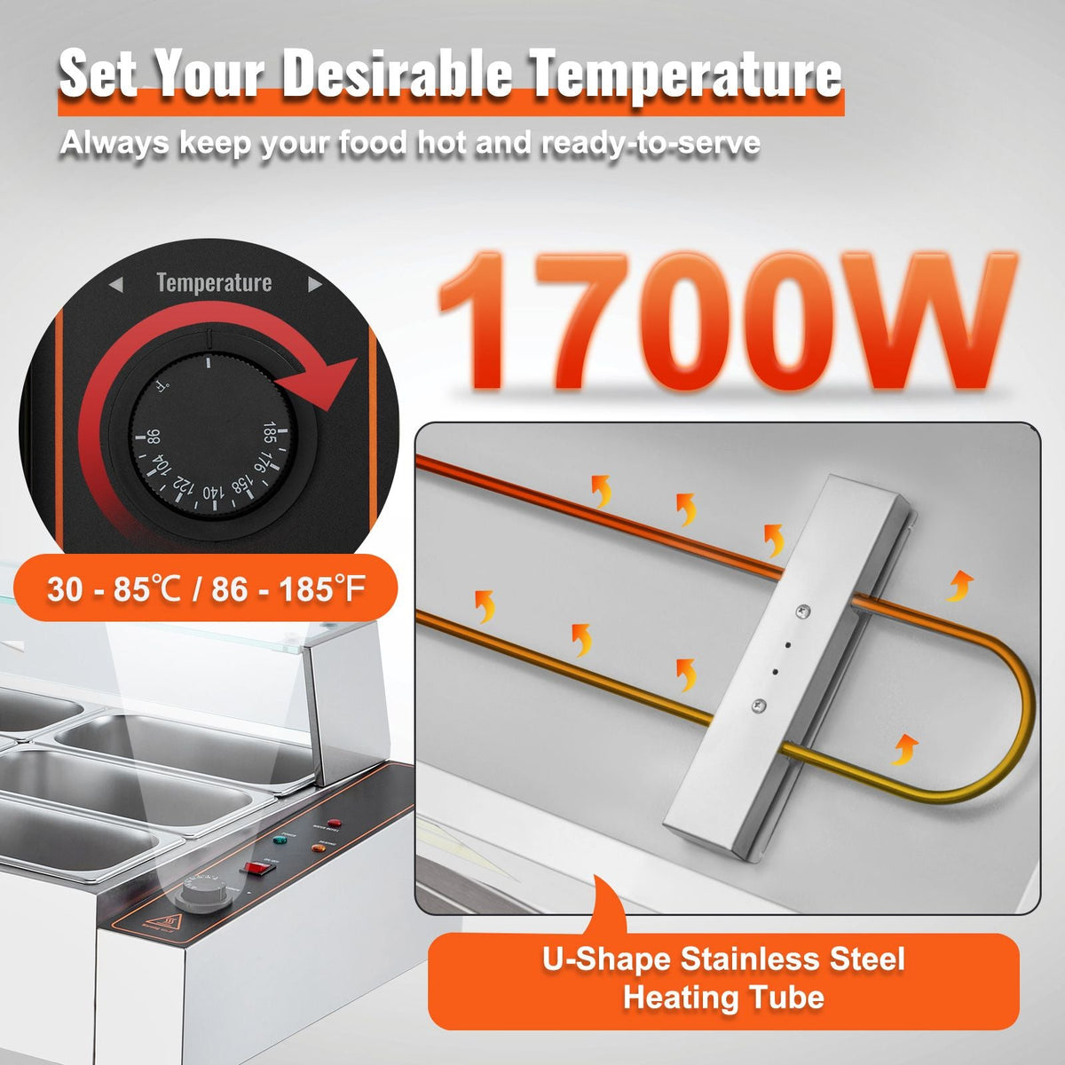 12-Pan Commercial Food Warmer, 12 x 5QT Electric Steam Table with Glass Cover, 1700W Countertop Stainless Steel Buffet Bain Marie 86-185 Fahrenheit Temp Control