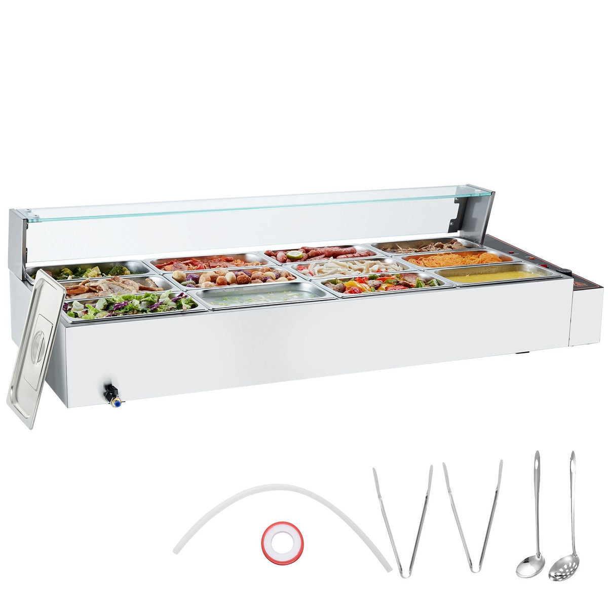 12-Pan Commercial Food Warmer, 12 x 5QT Electric Steam Table with Glass Cover, 1700W Countertop Stainless Steel Buffet Bain Marie 86-185 Fahrenheit Temp Control