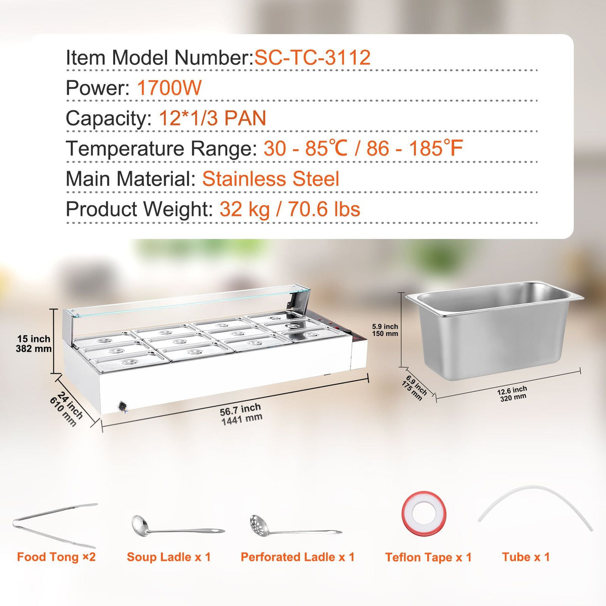 12-Pan Commercial Food Warmer, 12 x 5QT Electric Steam Table with Glass Cover, 1700W Countertop Stainless Steel Buffet Bain Marie 86-185 Fahrenheit Temp Control