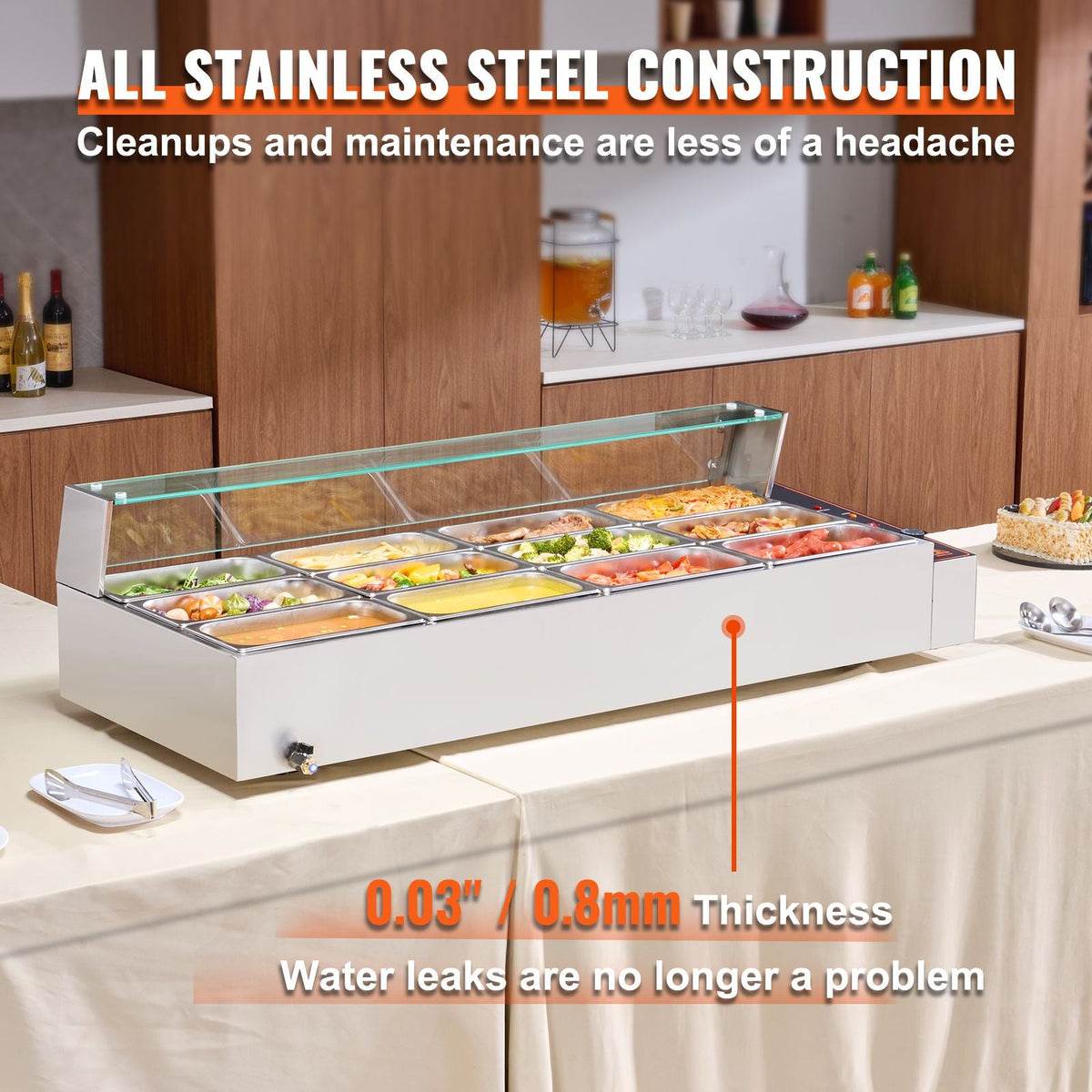 12-Pan Commercial Food Warmer, 12 x 5QT Electric Steam Table with Glass Cover, 1700W Countertop Stainless Steel Buffet Bain Marie 86-185 Fahrenheit Temp Control