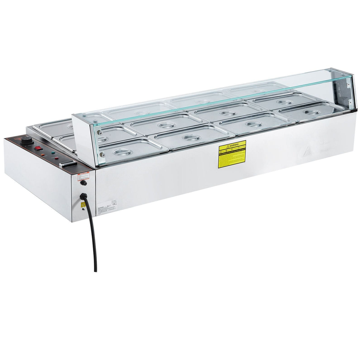 12-Pan Commercial Food Warmer, 12 x 5QT Electric Steam Table with Glass Cover, 3200W Countertop Stainless Steel Buffet Bain Marie w/ Thermometer 86-185 Fahrenheit Temp Control