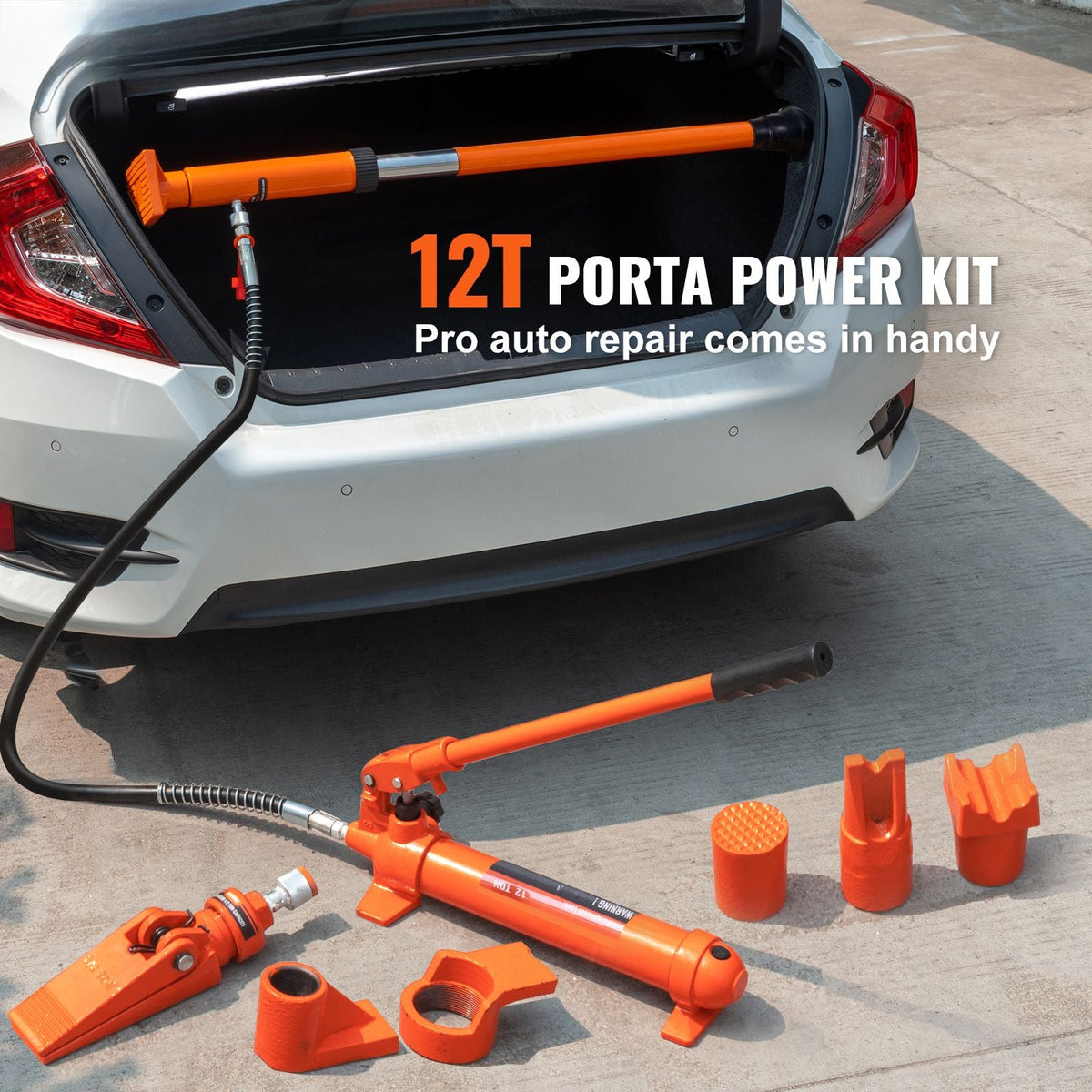 12 Ton Porta Power Kit, Portable Hydraulic Jack with 4.6 ft/1.4 m Oil Hose, Auto Body Frame Repair Kit with Storage Case for Car Repair, Truck, Farm