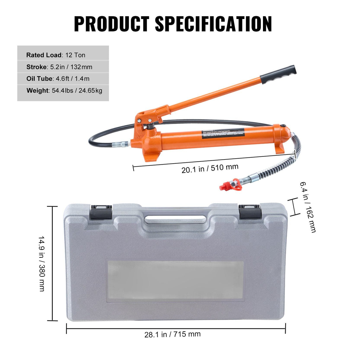 12 Ton Porta Power Kit, Portable Hydraulic Jack with 4.6 ft/1.4 m Oil Hose, Auto Body Frame Repair Kit with Storage Case for Car Repair, Truck, Farm