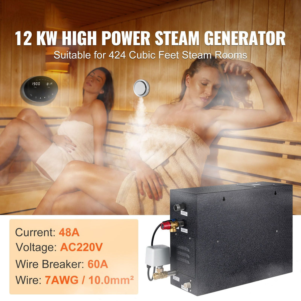 12KW Steam Shower Generator, Segmented Heating & Temperature Customization & 24h Timer Steam Kit, Automatic Drainage Home Steam Shower System Tested to UL Standards