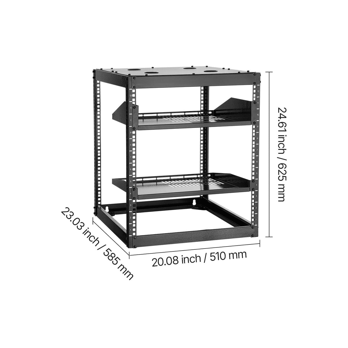 12U Open Frame Network Rack, 23 in Depth, Wall Mounted or Floor Standing Server Rack, Heavy Duty 4 Post, with Vented Shelves & Mounting Hardware, Holds All Your Networking IT Equipment AV Gear