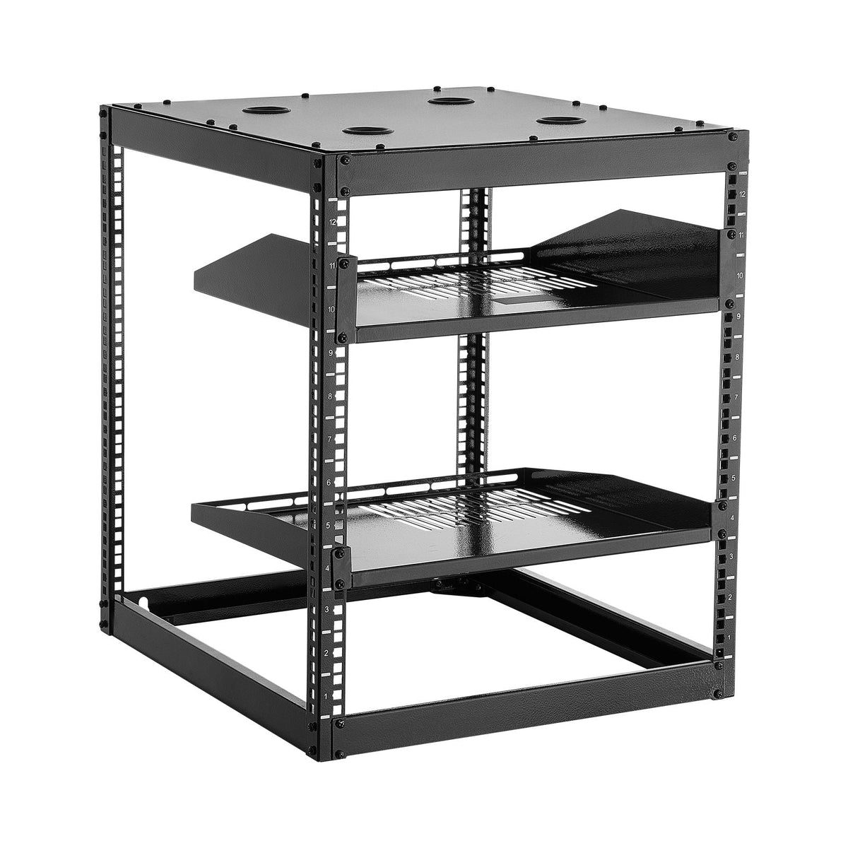 12U Open Frame Network Rack, 23 in Depth, Wall Mounted or Floor Standing Server Rack, Heavy Duty 4 Post, with Vented Shelves & Mounting Hardware, Holds All Your Networking IT Equipment AV Gear