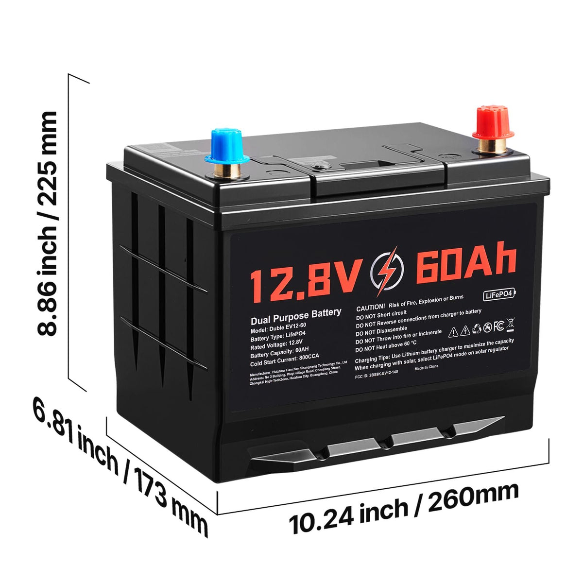12V 60Ah Dual Purpose LiFePO4 Lithium Battery, 800 CCA Group 24, Lithium-ion Starter Battery Plus Deep Cycle, Built-in Smart BMS, Car Start-Stop, for Automotive, Trolling Motor, Engine Starting