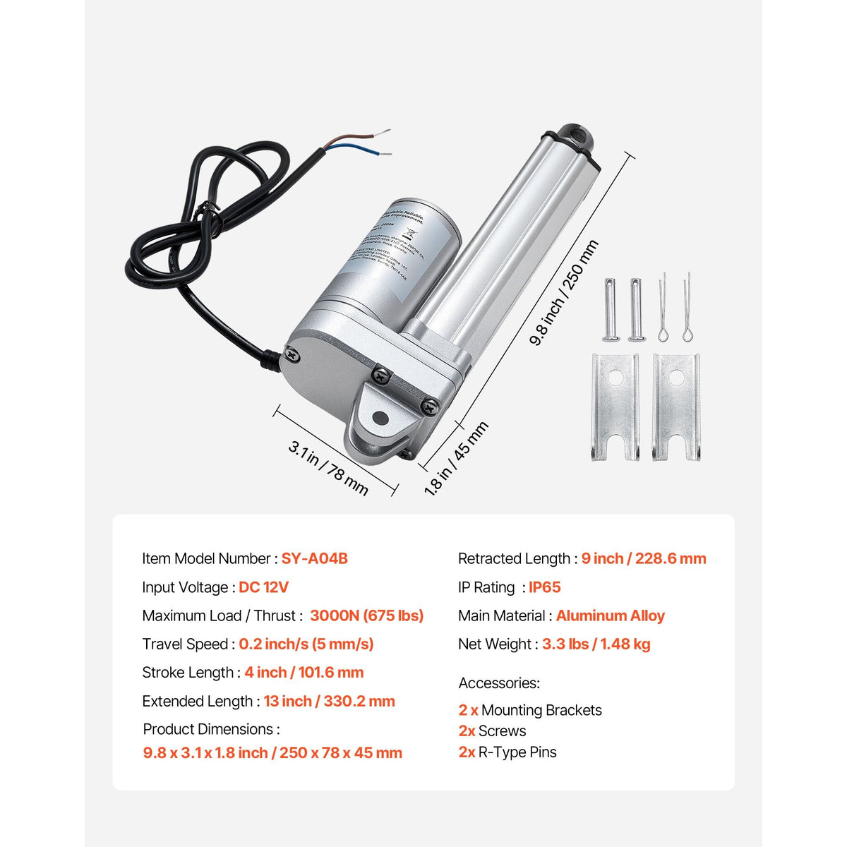 12V Linear Actuator, 4 Inch IP65 Waterproof Linear Actuator, 675lbs/3000N 0.2"/s Motion Actuators with Mounting Brackets for Outdoor Use