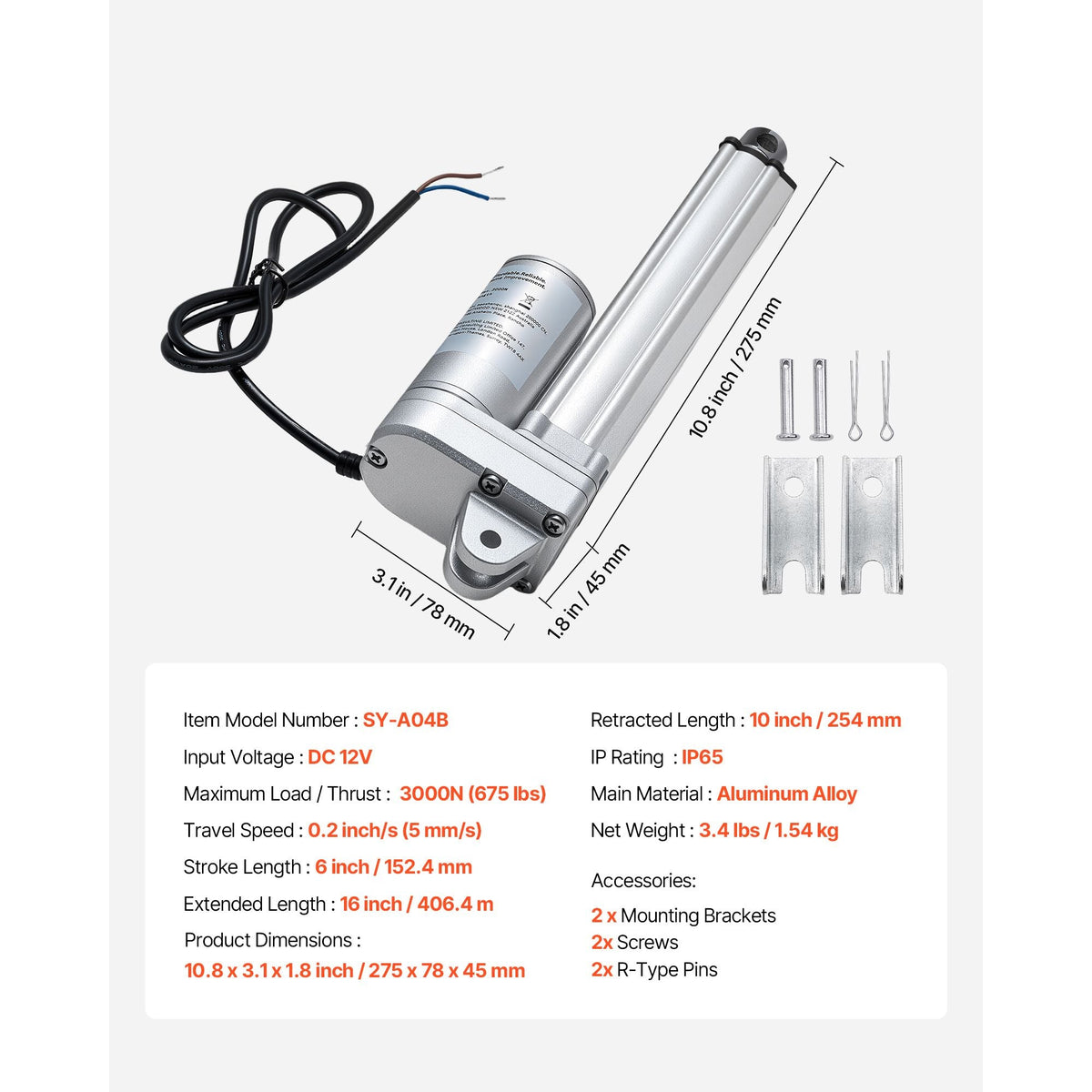 12V Linear Actuator, 6 Inch IP65 Waterproof Linear Actuator, 675lbs/3000N 0.2"/s Motion Actuators with Mounting Brackets for Outdoor Use