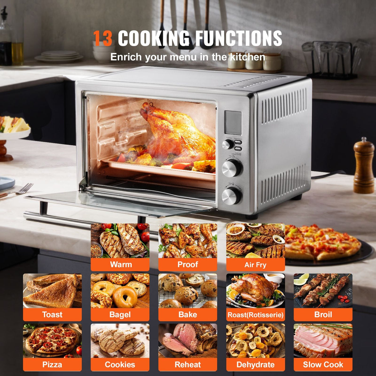 13-IN-1 Air Fryer Toaster Oven, 28L/29.6Qt Convection Oven, 1800W 2-Tier Toaster Ovens Countertop Combo with Wire Racks, Pizza Pan, Gloves, Home and Commercial Use