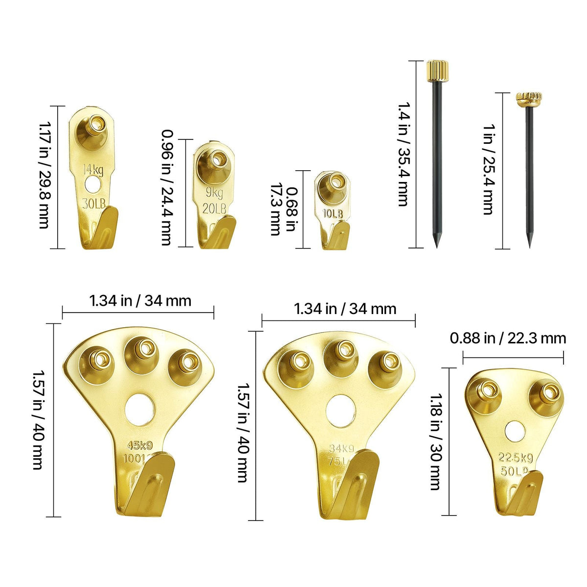 130 Pieces Picture Hanging Kit, 10lb, 20lb, 30lb, 50lb, 75lb and 100lb Picture Hangers, Metal Pictures Hanging Hooks with Nails for Mirror, Painting, Photo Frame on Drywall & Wooden Wall, Gold