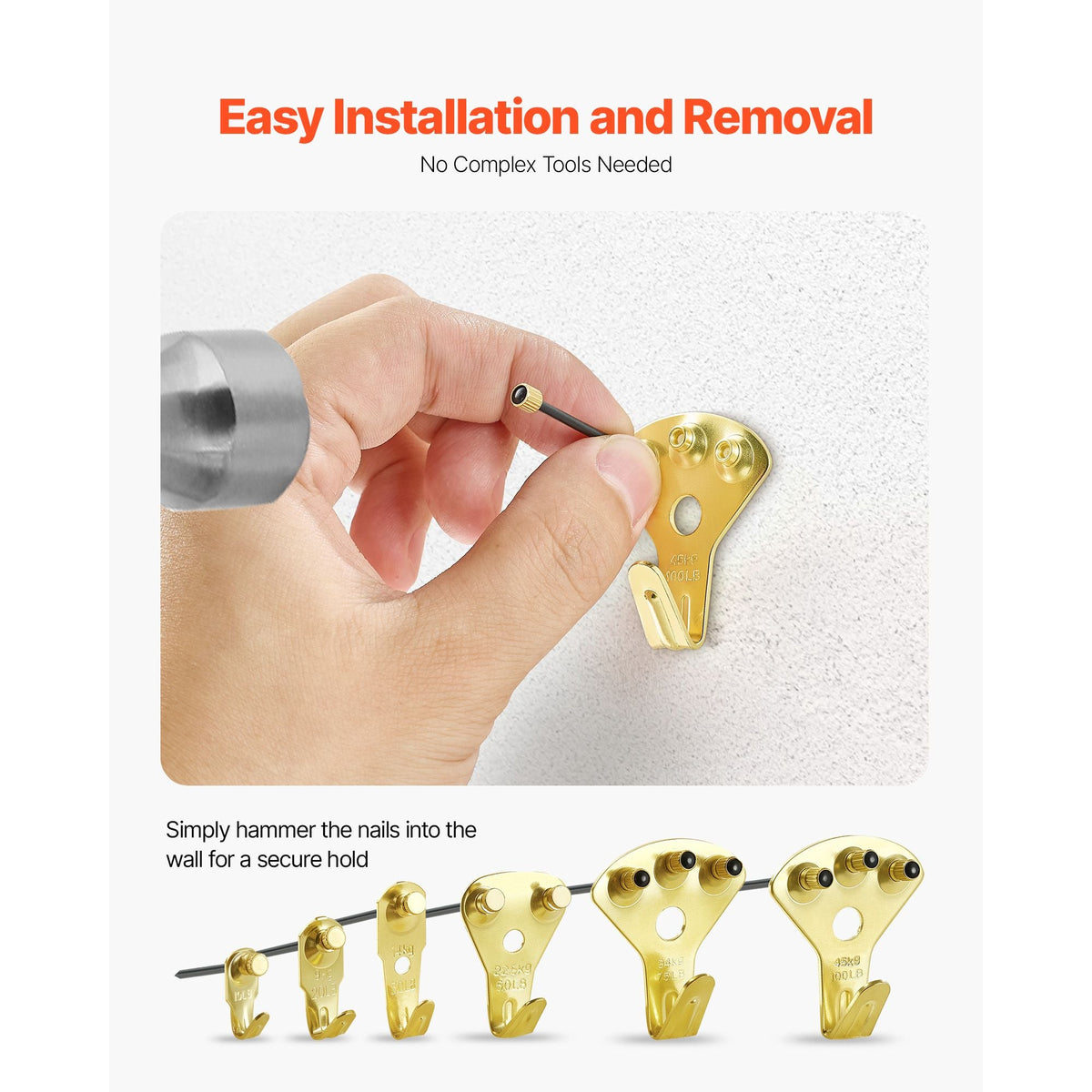 130 Pieces Picture Hanging Kit, 10lb, 20lb, 30lb, 50lb, 75lb and 100lb Picture Hangers, Metal Pictures Hanging Hooks with Nails for Mirror, Painting, Photo Frame on Drywall & Wooden Wall, Gold