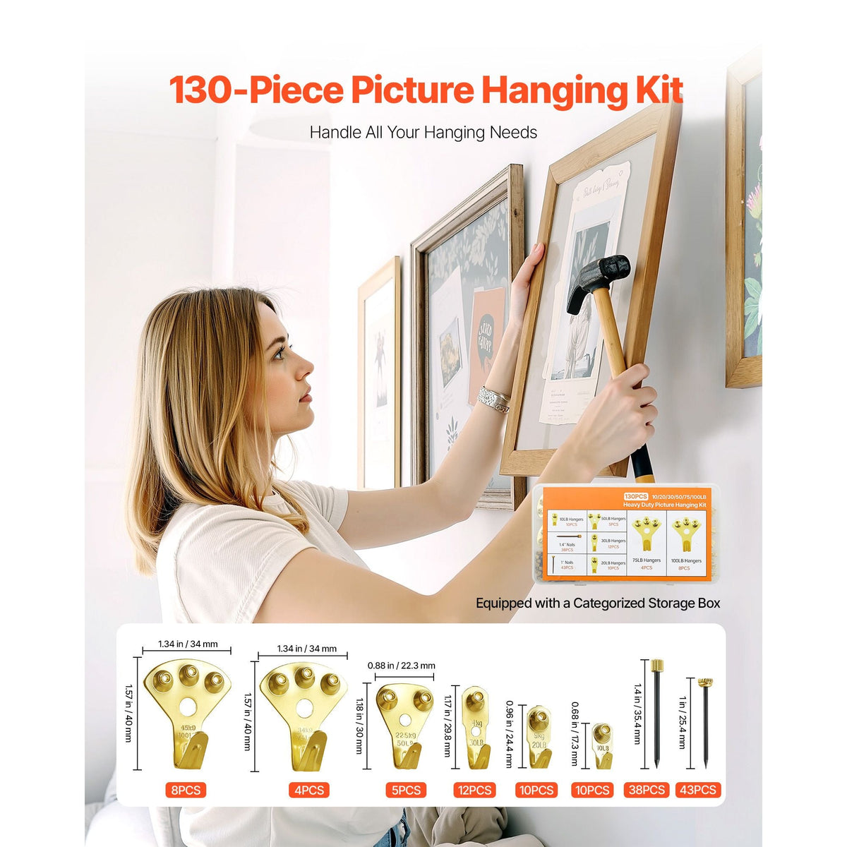130 Pieces Picture Hanging Kit, 10lb, 20lb, 30lb, 50lb, 75lb and 100lb Picture Hangers, Metal Pictures Hanging Hooks with Nails for Mirror, Painting, Photo Frame on Drywall & Wooden Wall, Gold
