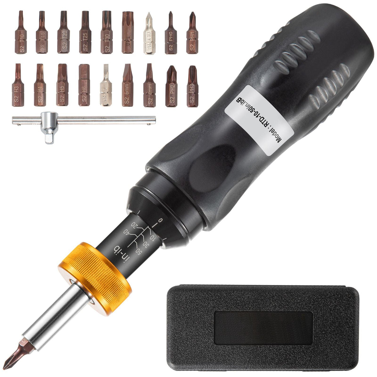 1/4" Drive Torque Screwdriver Wrench Set, 10-50 in-lbs Torque Adjustment Range, Torque Range Accurate to ±5%, 5 in-lb Increment Torque Screwdriver with 18 Bits & Case