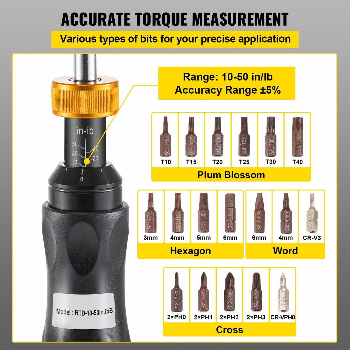 1/4" Drive Torque Screwdriver Wrench Set, 10-50 in-lbs Torque Adjustment Range, Torque Range Accurate to ±5%, 5 in-lb Increment Torque Screwdriver with 18 Bits & Case