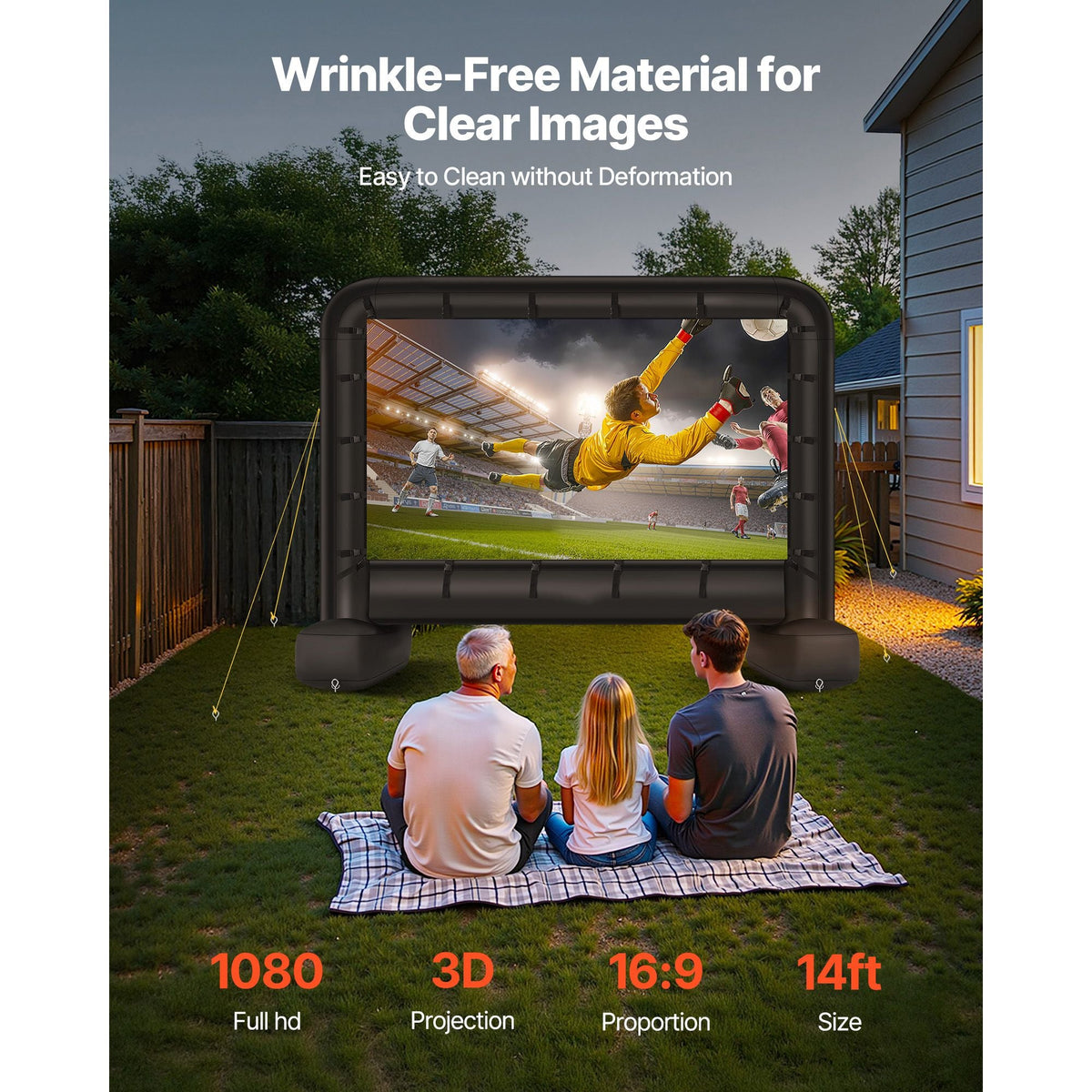 14 ft Inflatable Movie Screen, 600D Washable Inflatable Projector Screen with Portable Storage Bag, 16:9 Easy Set Up Movie Projection for Outdoor Backyard, Home Theater, Theme Party, Pool Fun