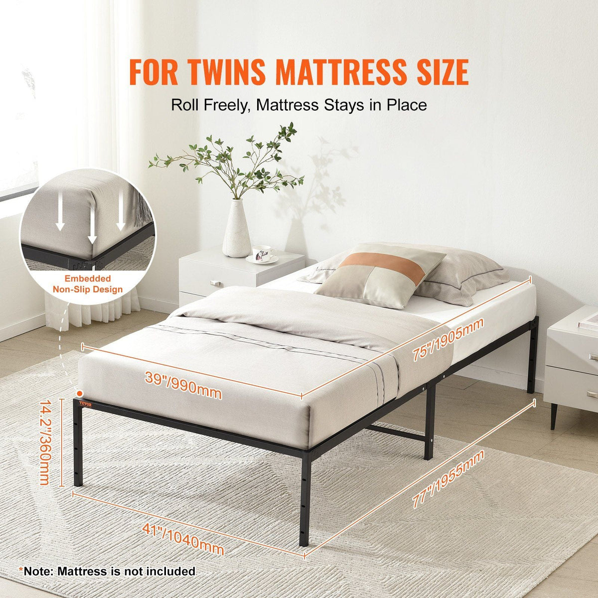 14 Inch Twin Metal Bed Frame Platform, No Box Spring Needed, Embedded Mattress Foundation with Steel Slat Support, Easy Assembly, Noise Free