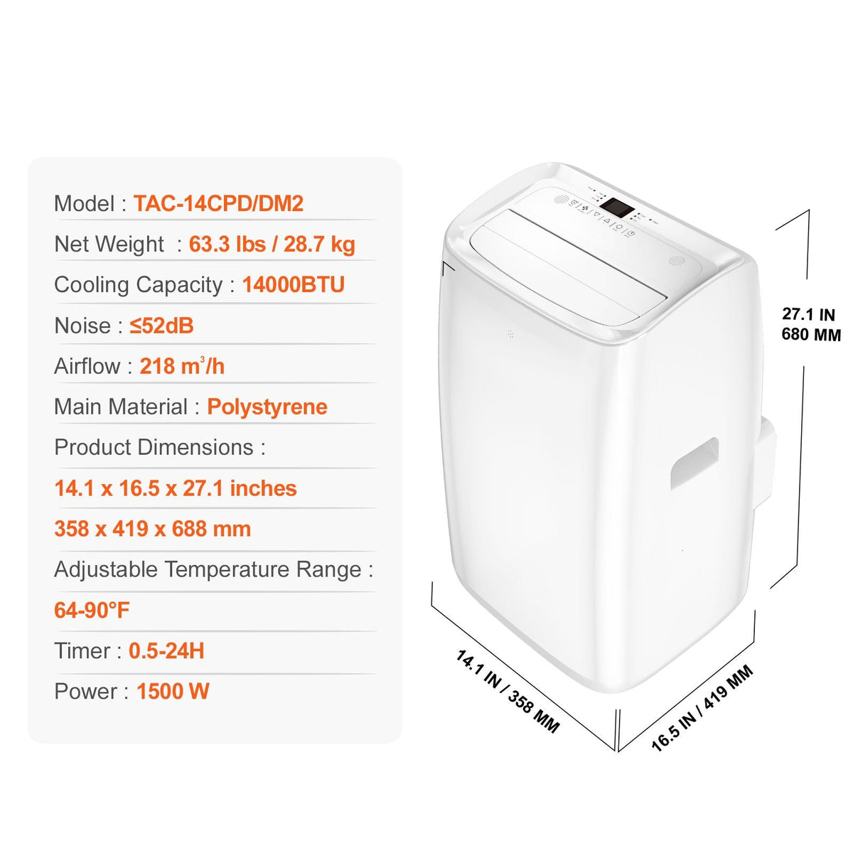 14,000 BTU Portable Air Conditioners, 3-in-1 Portable AC Unit with Remote Control, for 550-700 Sq.Ft, Cool/Dehumidifier/Fan Mode &Low Noise & Rich Accessories, White (10,200 BTU SACC Rating)