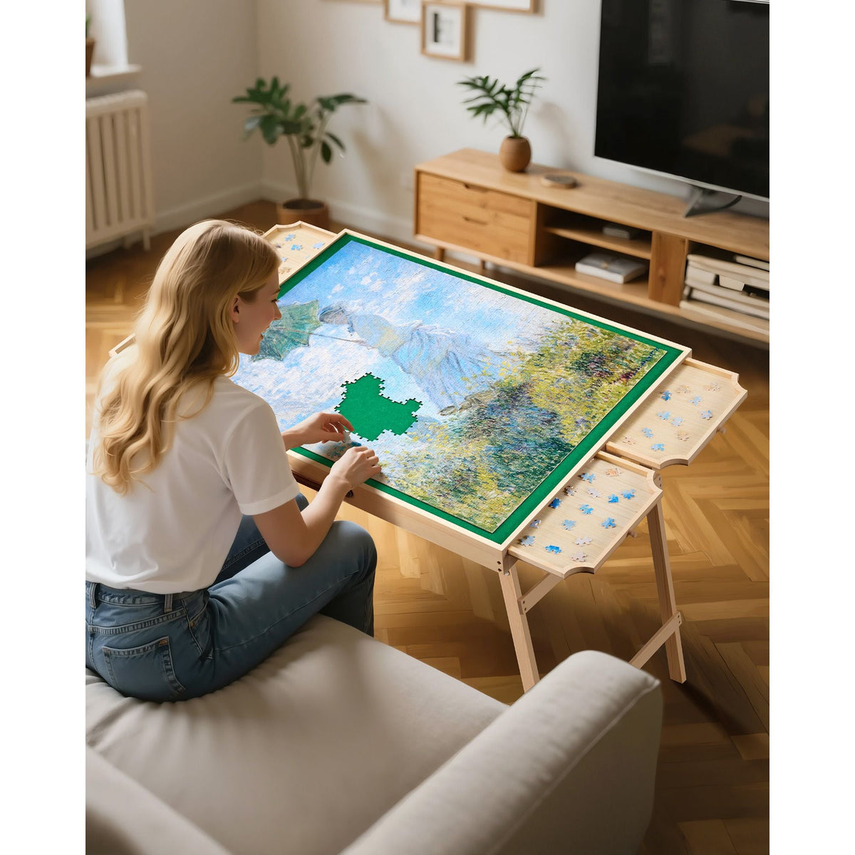 1500 Piece Puzzle Table with Folding Legs, 4 Drawers and Cover, 34x25 in Portable Wooden Board, Felt Surface Jigsaw Puzzle Accessories for Adults, Adjustable 6-Tilting-Angle, Gift for Mom
