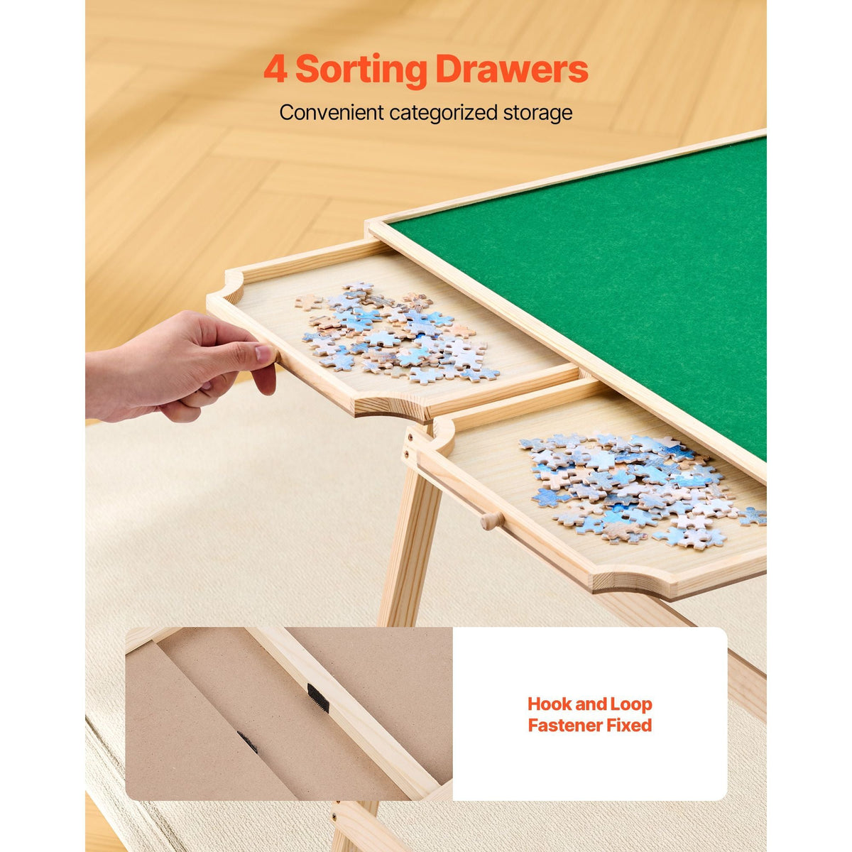 1500 Piece Puzzle Table with Folding Legs, 4 Drawers and Cover, 34x25 in Portable Wooden Board, Felt Surface Jigsaw Puzzle Accessories for Adults, Adjustable 6-Tilting-Angle, Gift for Mom